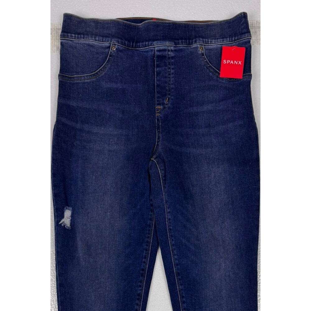 SPANX NEW NWT Large Blue Denim Medium Wash Distressed Skinny Jeans Raw Hem - Picture 12 of 16